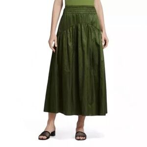 $445 Vince Tiered Smock Midi Skirt Elastic Waist Herb Green Cotton Sateen 2